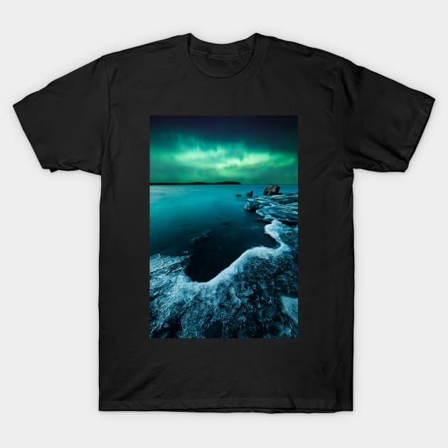 Ice on the lake shore and northern lights landscape T-Shirt by Juhku